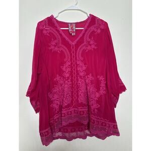 Johnny Was Size Medium Pink On Pink Embroidered Blouse V-Neck Lightweight
